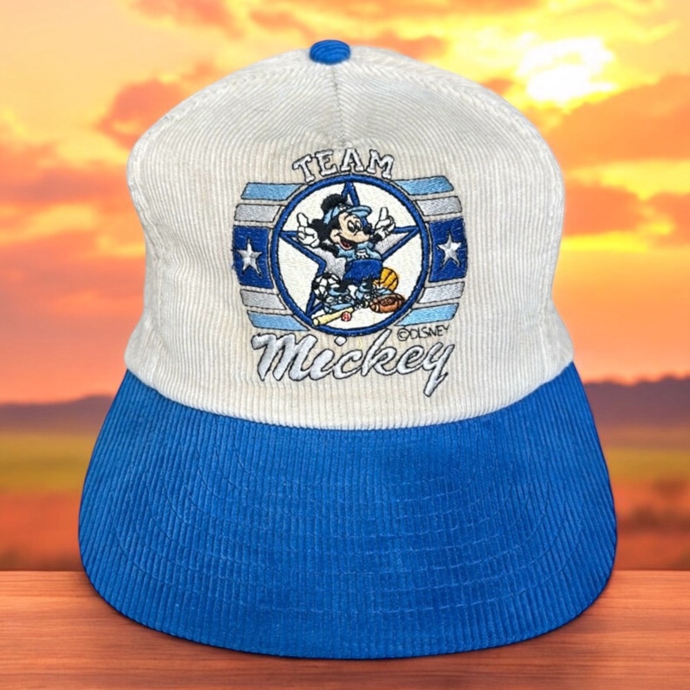 Vintage 90’s Walt Disney World Team Mickey Sports Gray Blue Corduroy Hat Cap NOS